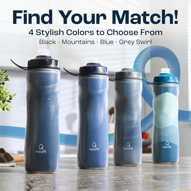 AQUAFIT Insulated Water Bottle - 20oz Leakproof Sports Water Bottle with Bite Lid, Bike Water Bottle, Easy Squeeze Water Bottles, Spill Proof for Cycling Bicycle - Fits Most Bike Cages (Black)